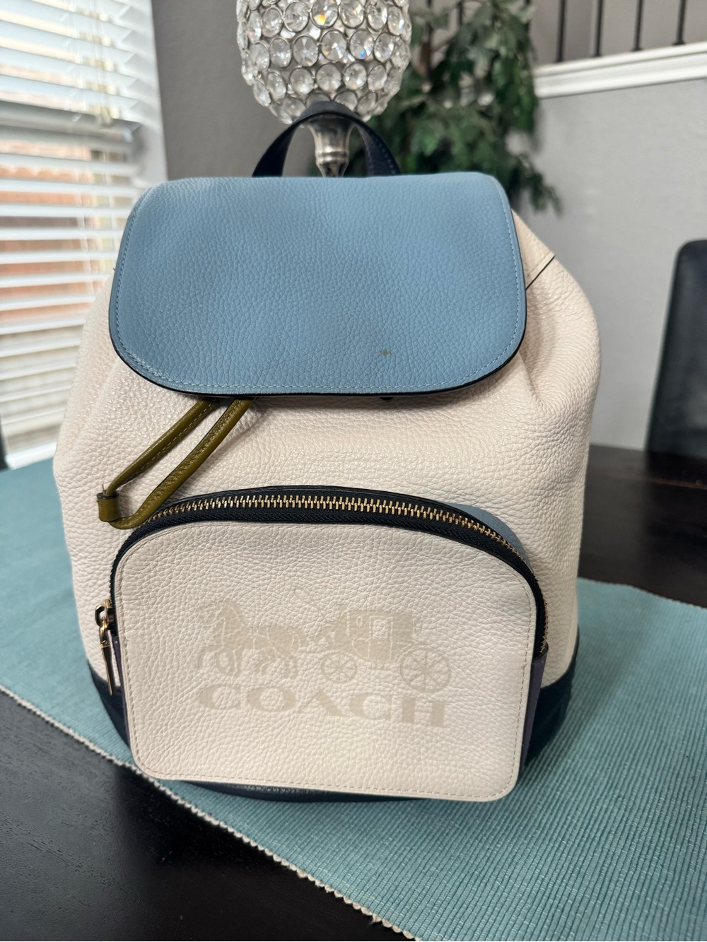 Coach Jes Backpack in Colorblock Chalk/Blue pebbled leather bag